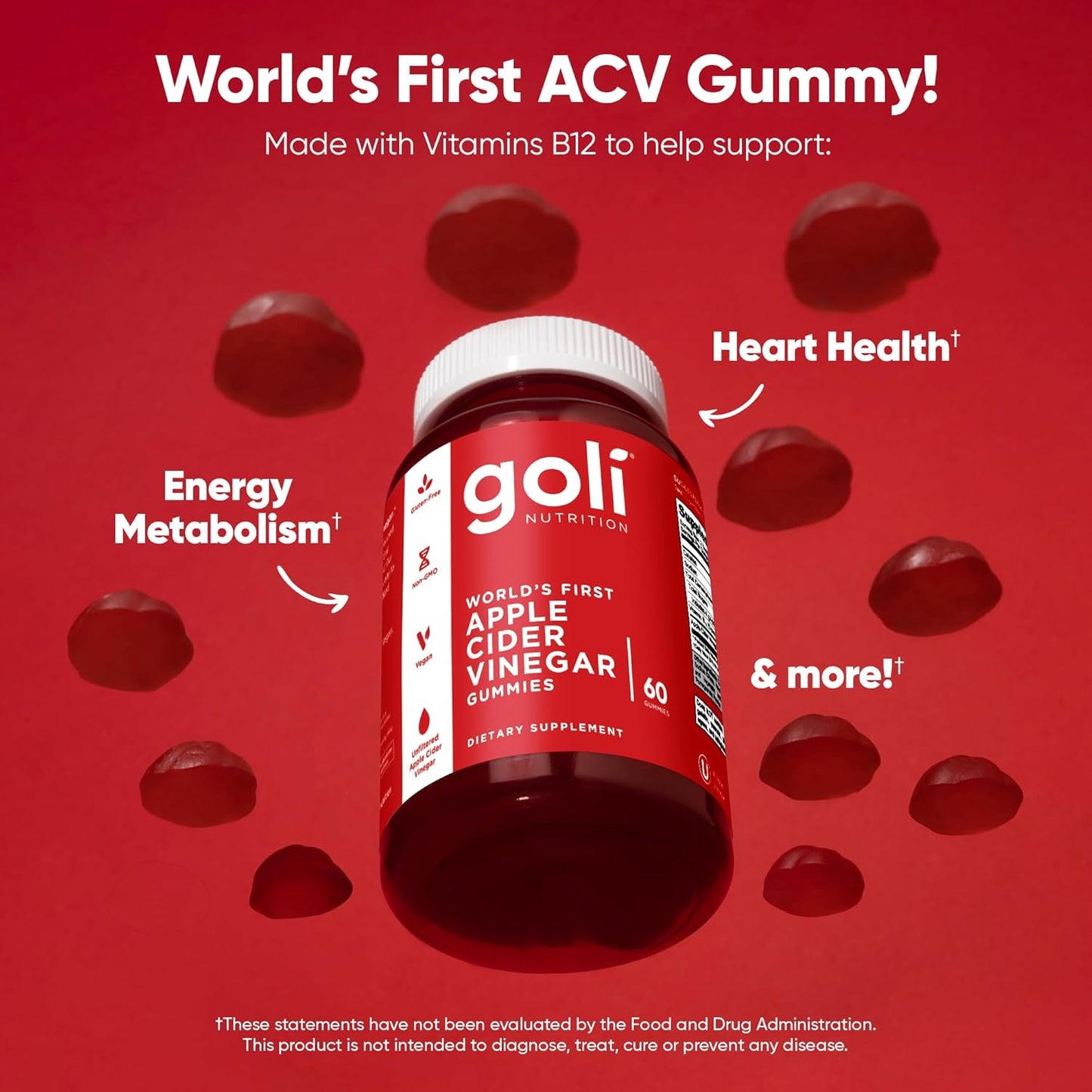 Goli Apple Cider Vinegar Gummies - Worlds First ACV Gummy with Vitamin B12, Beetroot & Pomegranate - Vegan, Non-GMO, Gluten-Free
